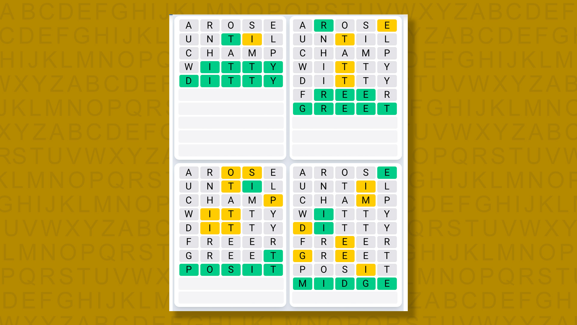 Quordle Daily Sequence answers for game 1594 on a yellow background