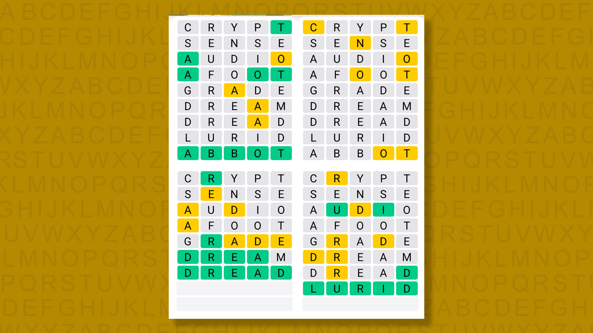 Quordle answers for game 1609 on a yellow background