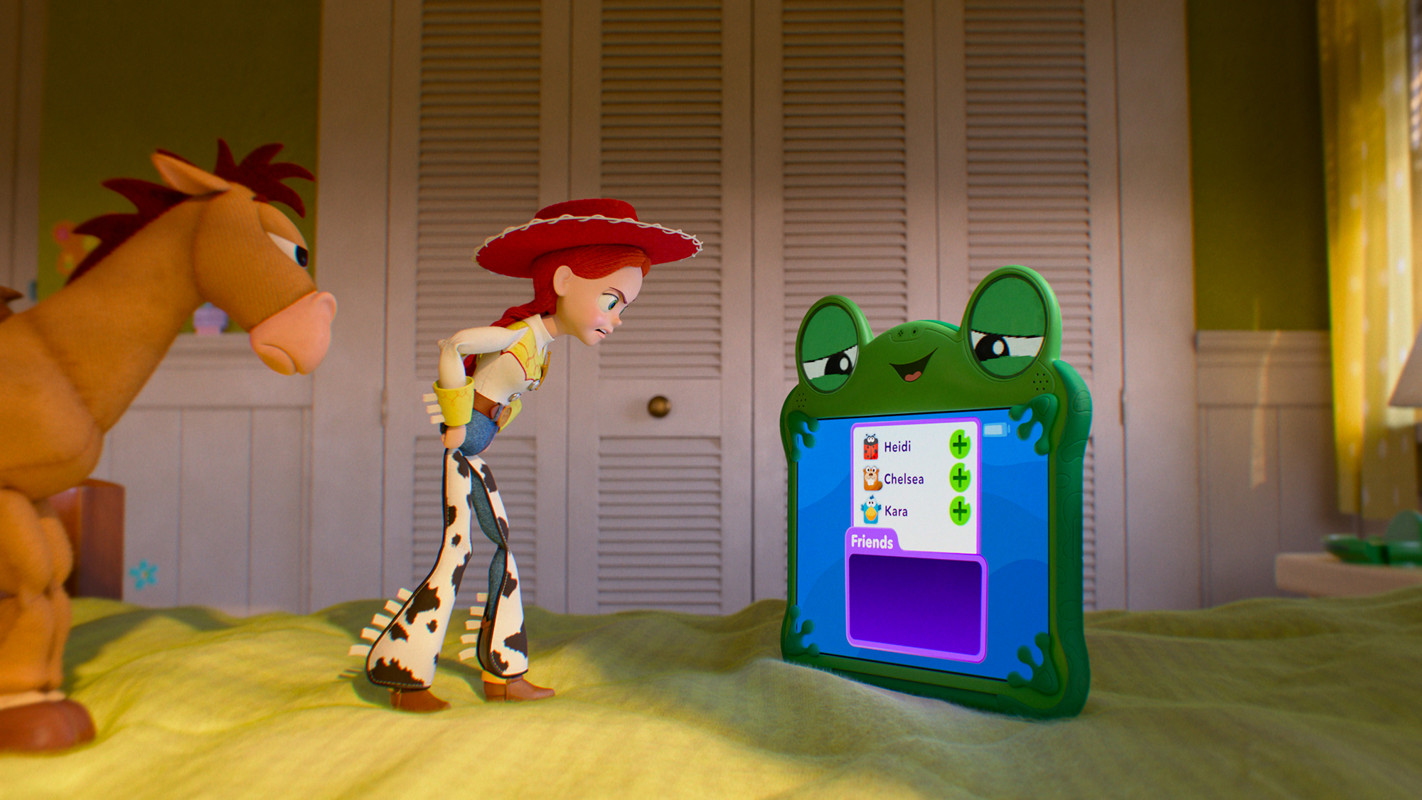 Bullseye and Jessie frowning at a smiling and cocky Lilypad on Bonnie's bed in Toy Story 5