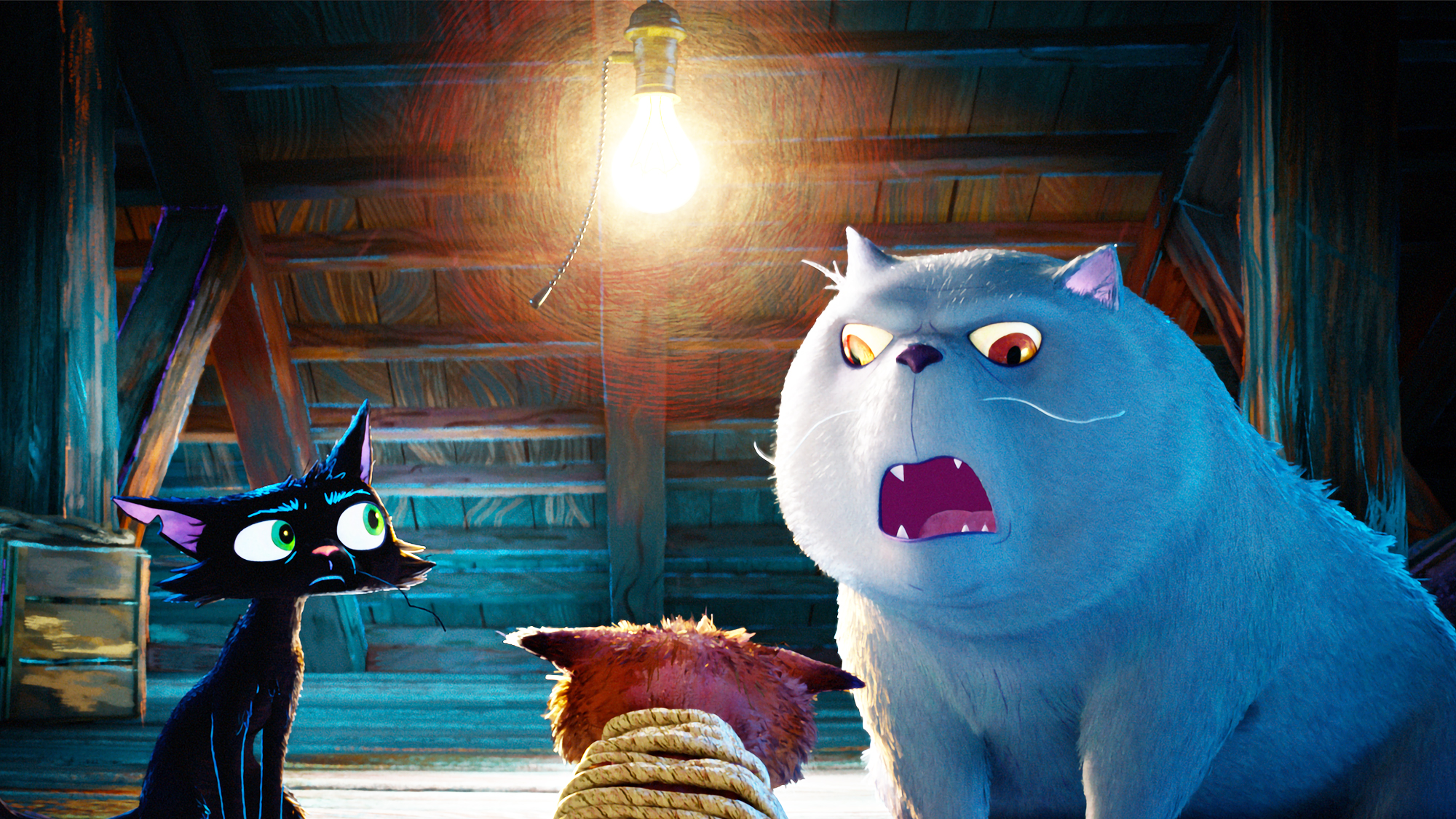 A slim black cat looking at a large white cat as it interrogates another tied-up cat under a bright light in Pixar's Gatto movie