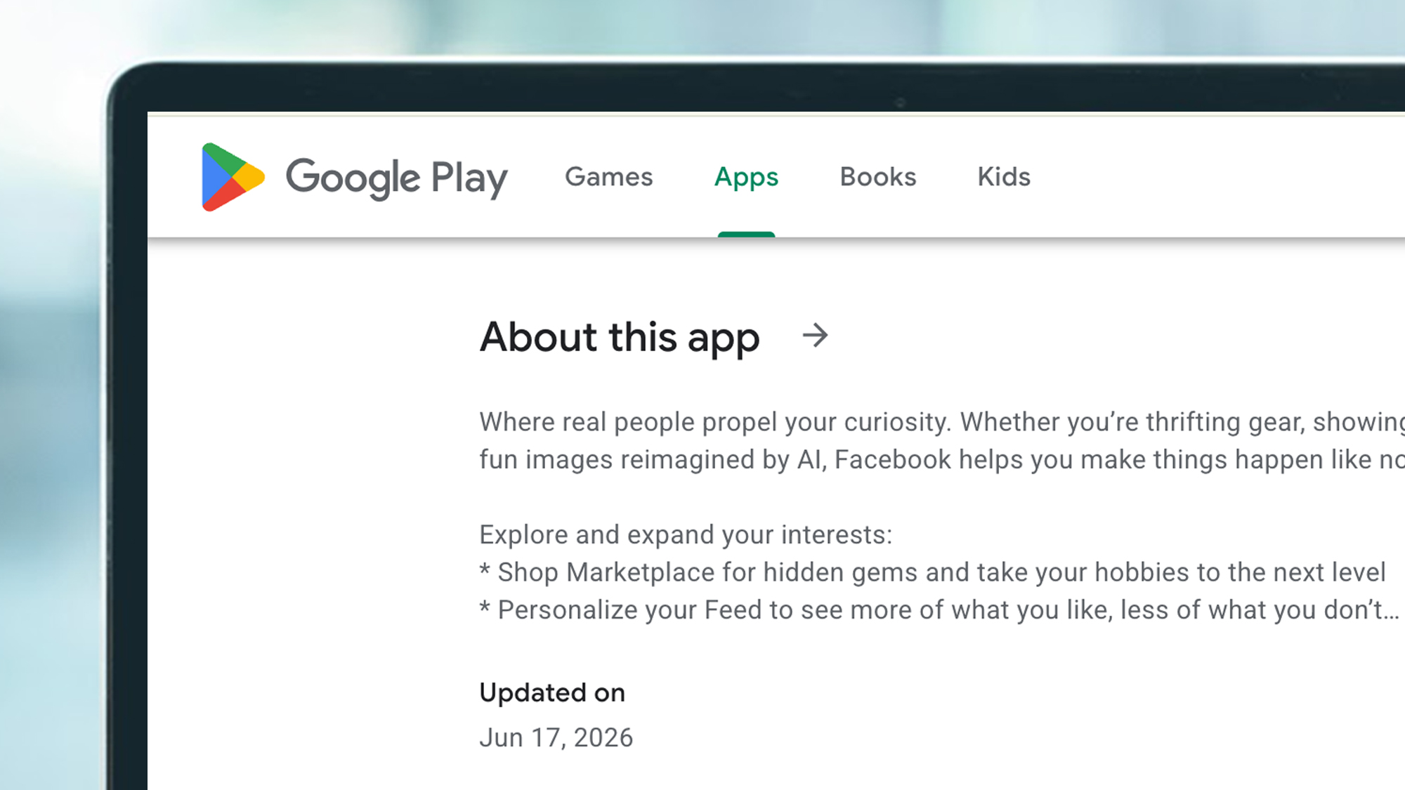 A Google Play Store listing for the Facebook app on a computer screen