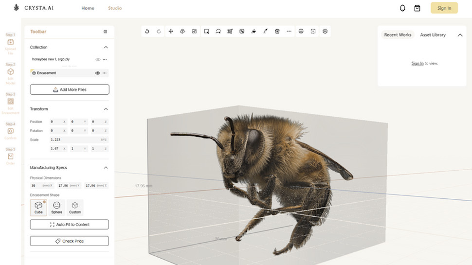 Crysta 3D printed cube of bee being designed in Studio software