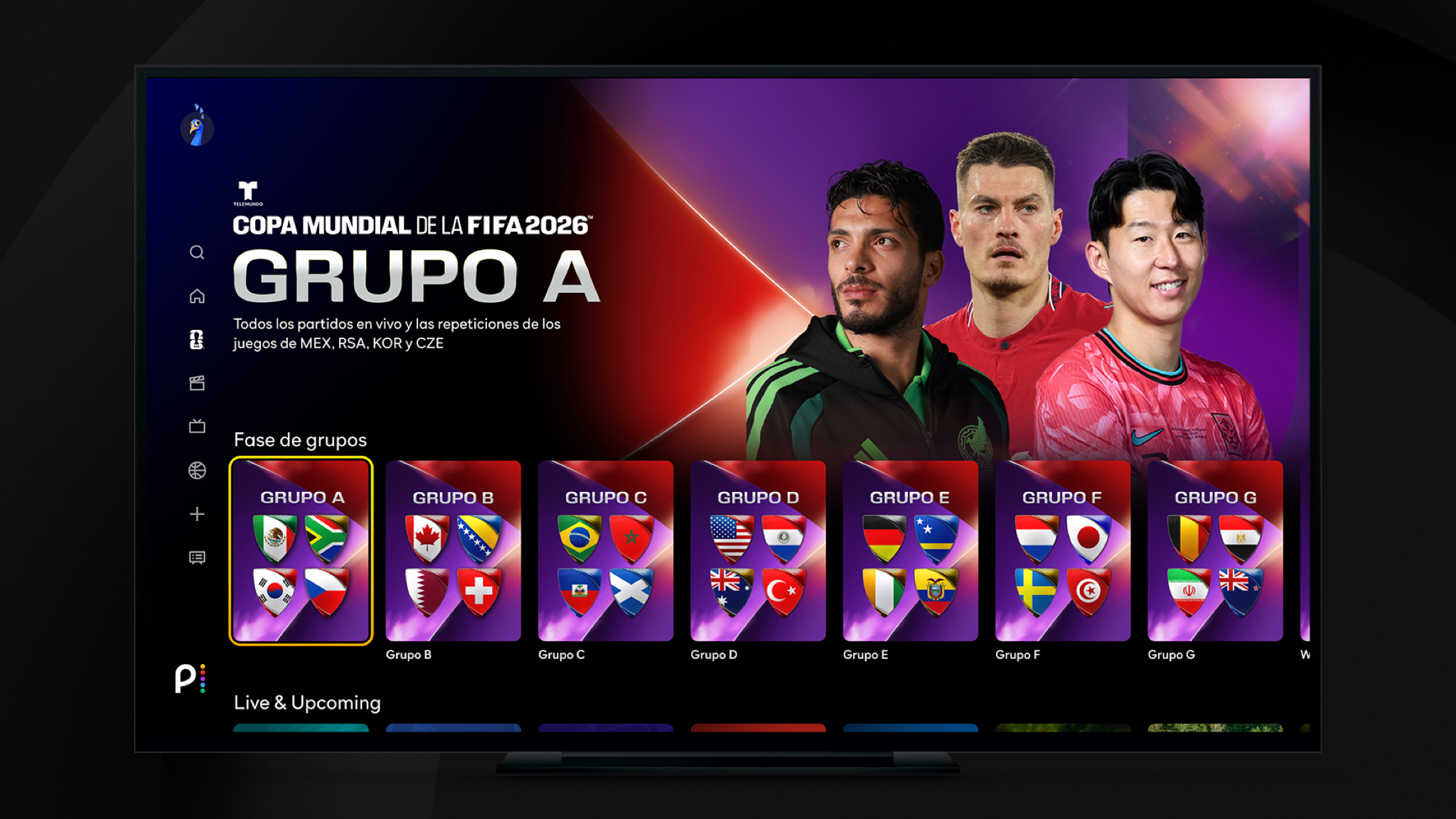 Image showing the Peacock TV app with the hero image and thumbnails for Telemundo's World Cup 2026 coverage.