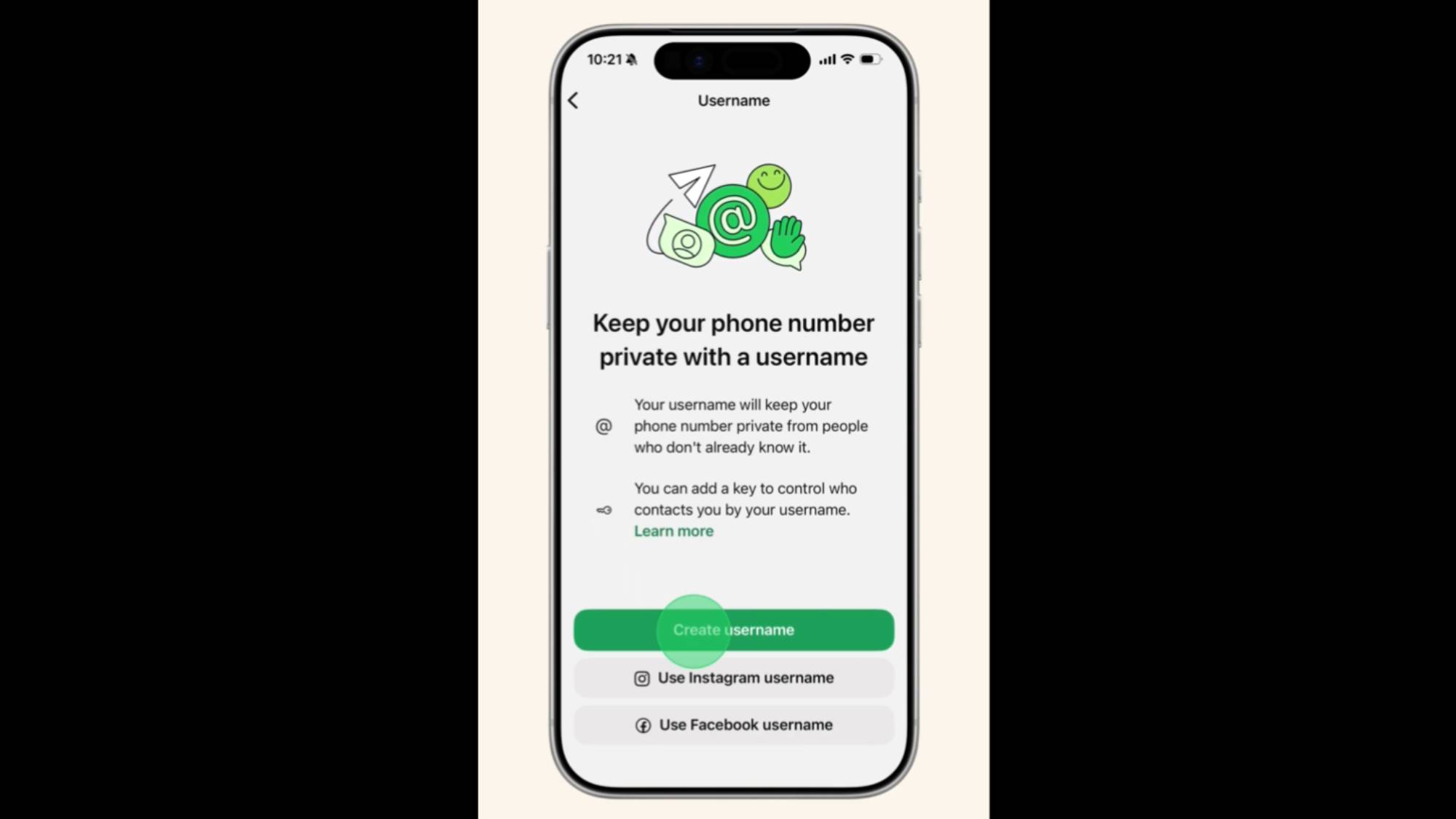 A smartphone showing how to reserve a username in WhatsApp