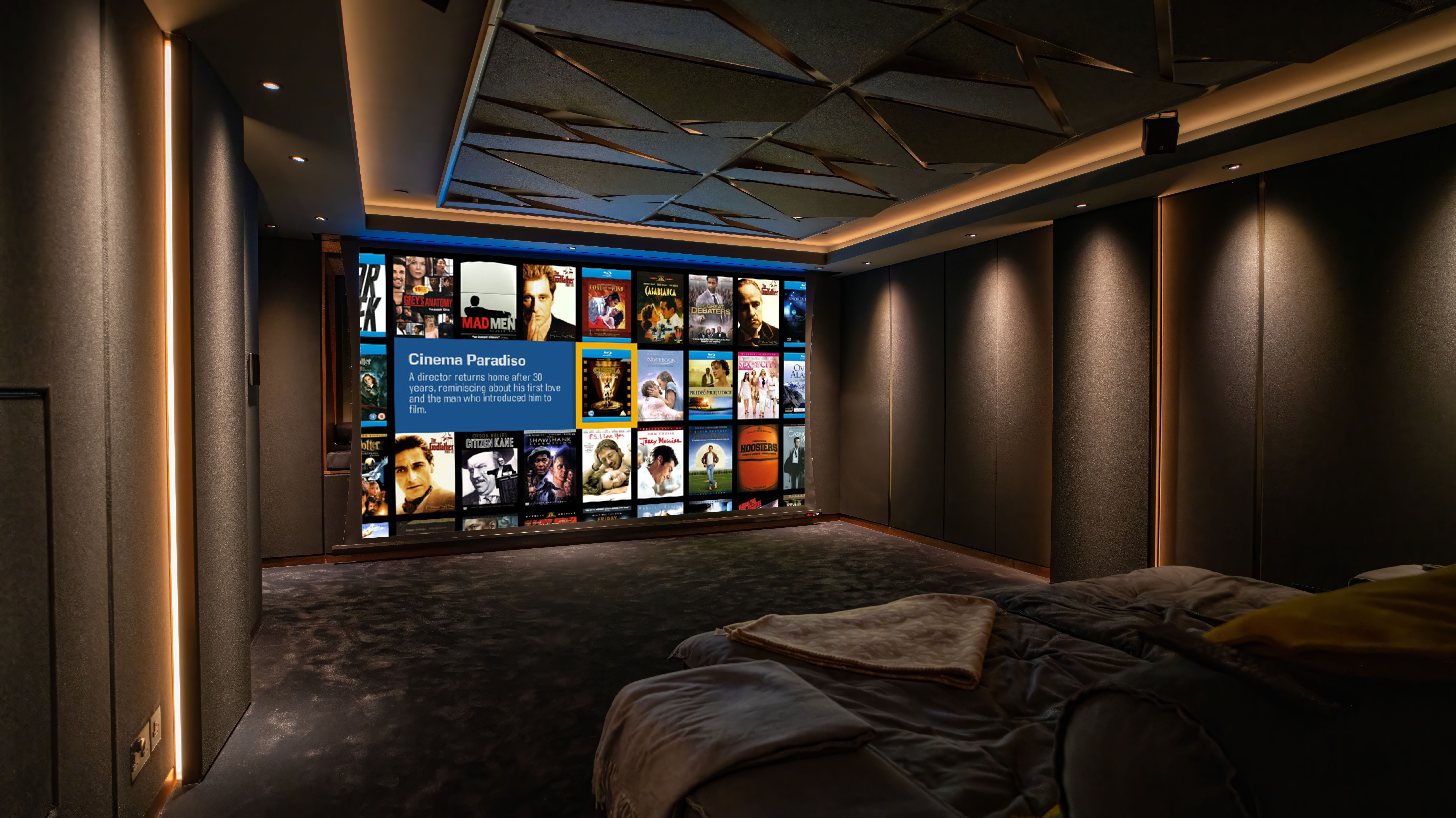 Left rear angle shot of Westminster townhouse home theater from Homeplay x L-Acoustics
