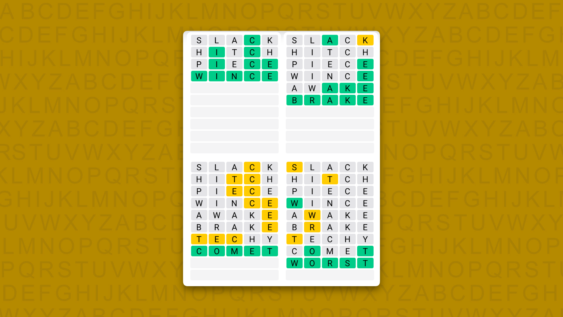 Quordle Daily Sequence answers for game 1650 on a yellow background