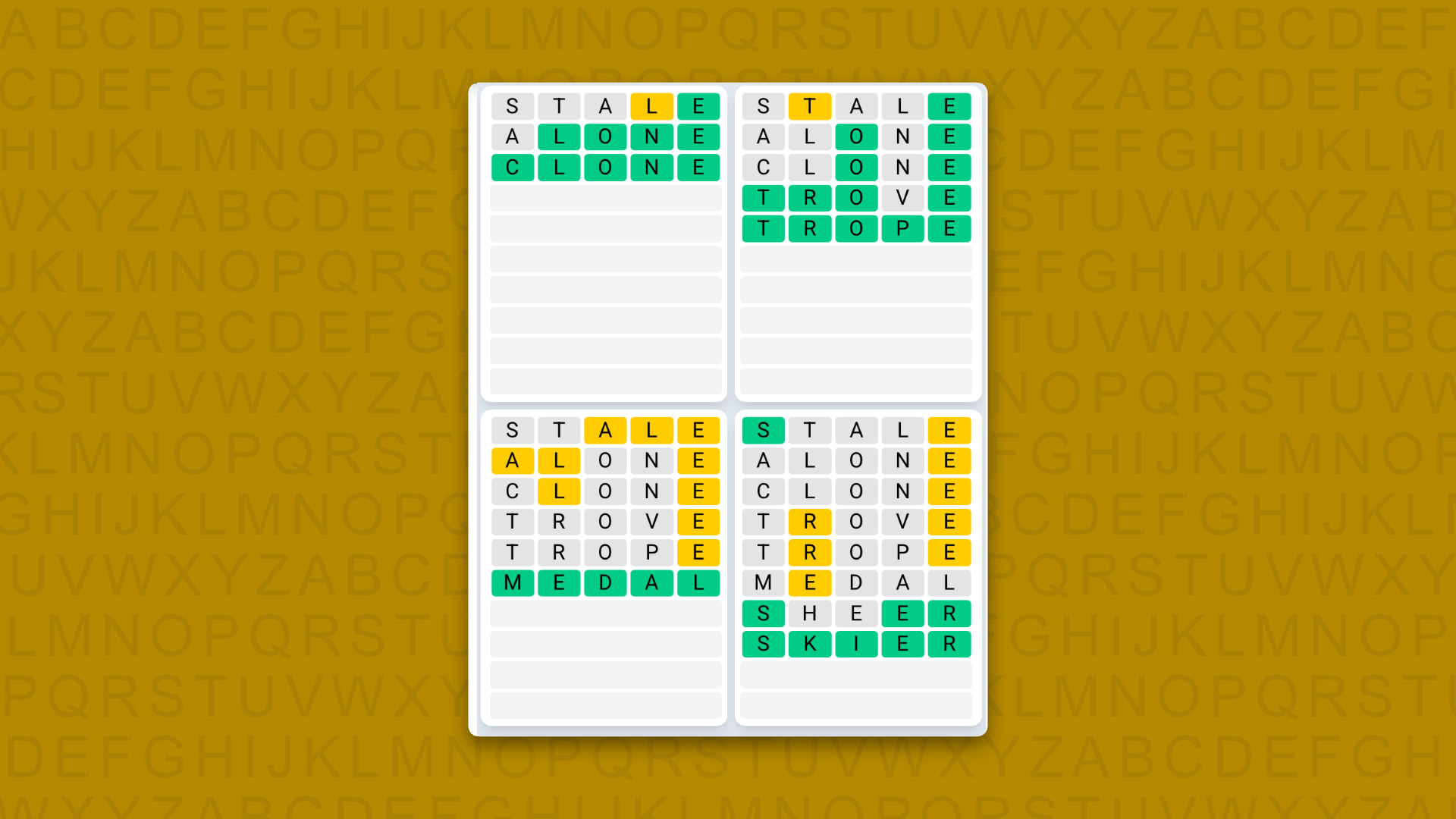 Quordle Daily Sequence answers for game 1630 on a yellow background