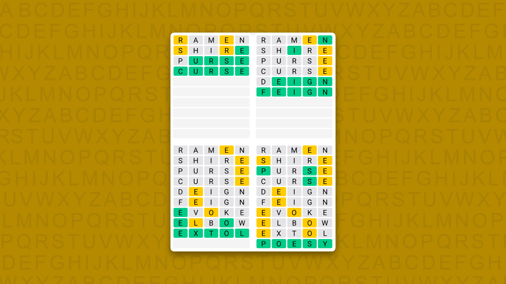 Quordle Daily Sequence answers for game 1646 on a yellow background