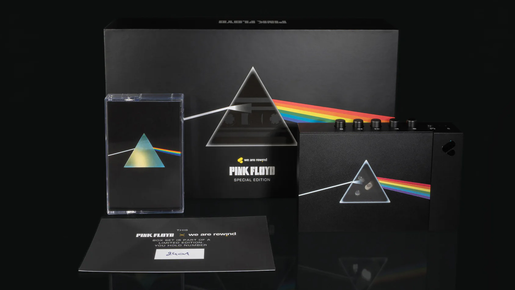 The Pink Floyd x We Are Rewind cassette player and packaging, showing the box comes with the player, album cassette and certificate