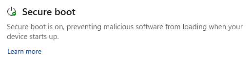 The Windows Secure boot section on the Device Security dashboard, showing that Secure Boot is working properly.