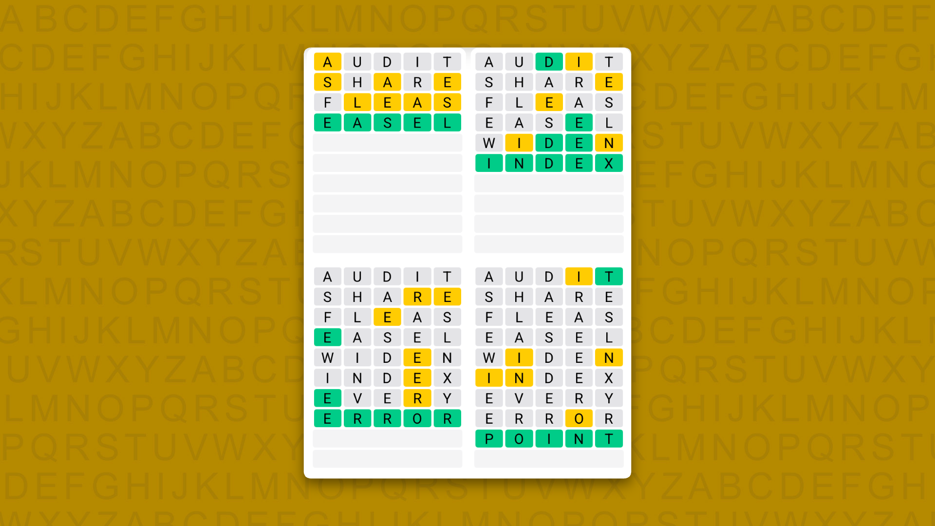 Quordle Daily Sequence answers for game 1663 on a yellow background