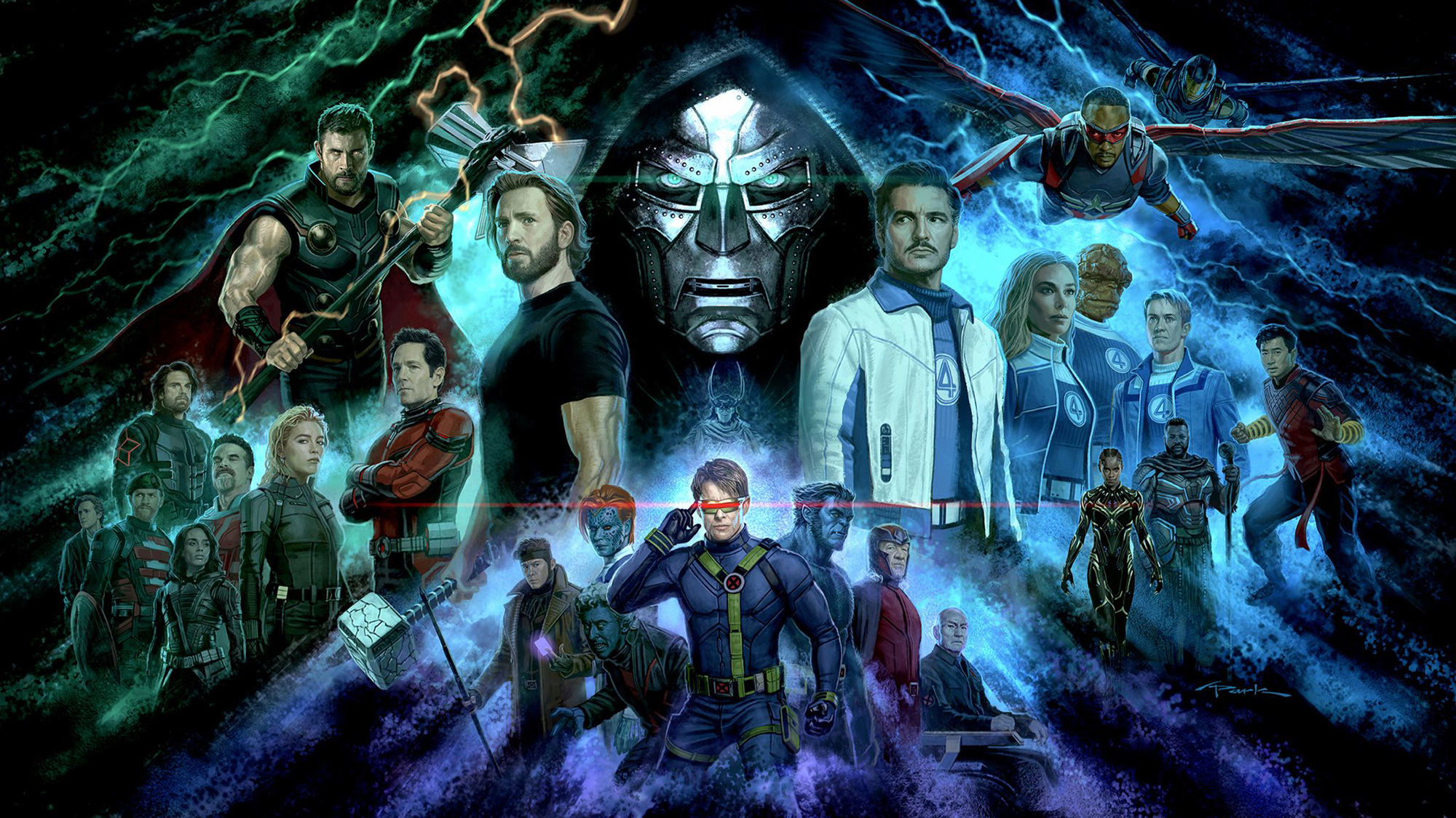 A giant mural showing Doctor Doom surrounded by all of the heroes who'll appear in Marvel movie Avengers: Doomsday