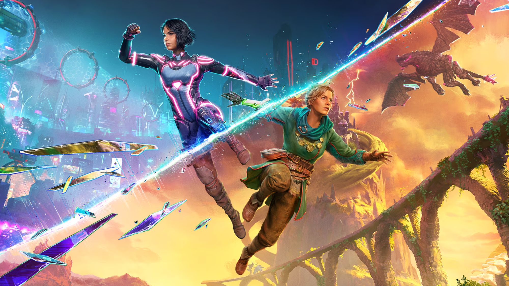 A promotional image for Hazelight's Split Fiction videogame, which shows Mio and Zoe