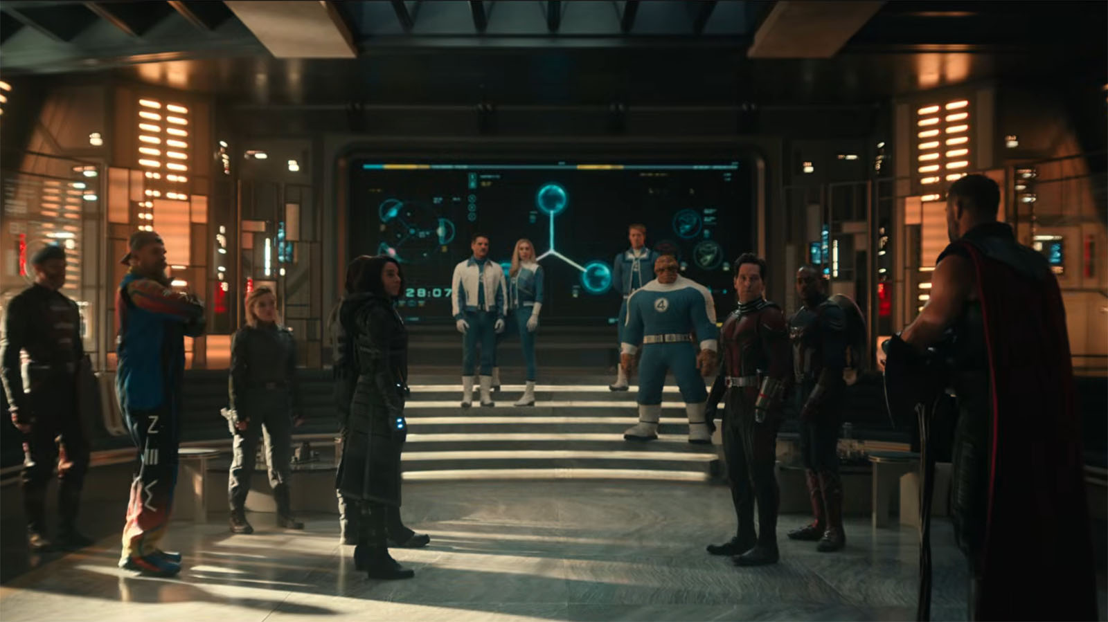 The New Avengers, The Fantastic Four, Captain America, Ant-Man and Thor standing in a room in Avengers: Doomsday