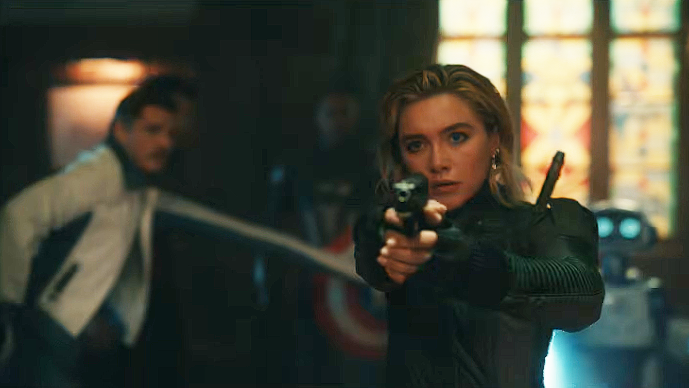 Yelena Belova with a handgun raised, as Reed Richards, Sam Wilson, and HERBIE stand in the background, in Avengers: Doomsday