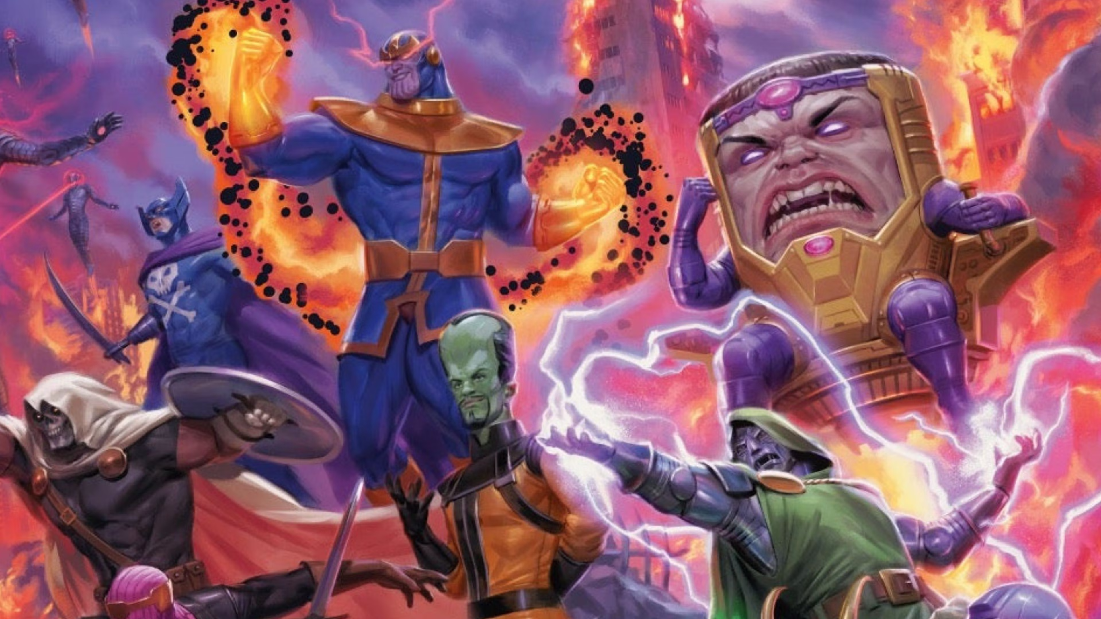 Marvel villains like Doctor Doom, Thanos, The Leader, and MODOK teaming up