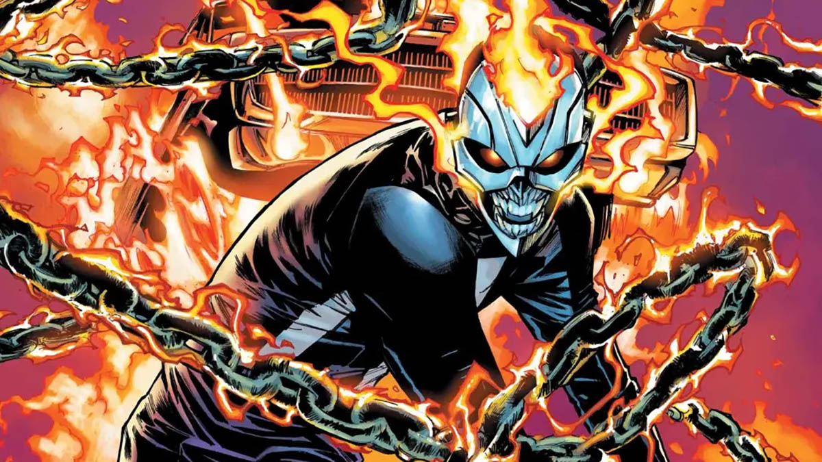 The cover of a Ghost Rider comic book showing Robbie Reyes wielding some flaming chains