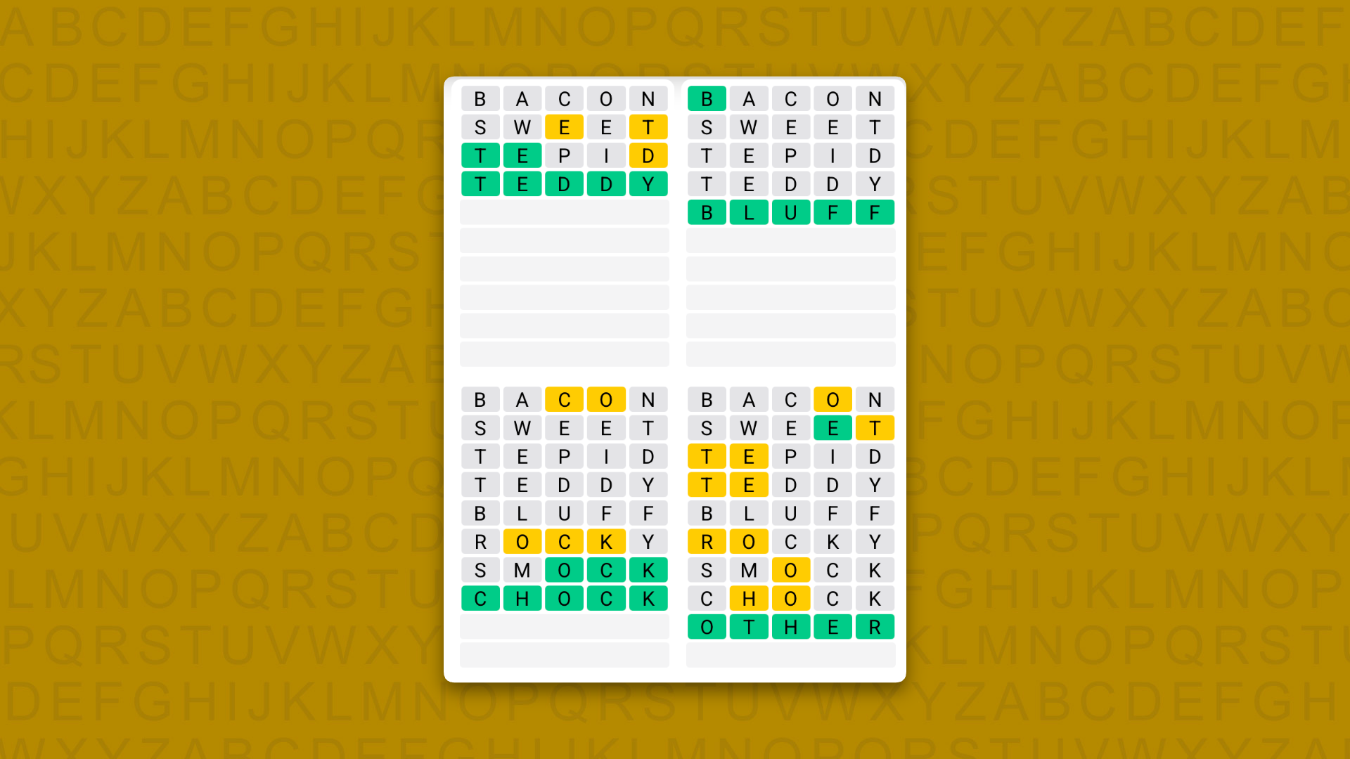 Quordle Daily Sequence answers for game 1708 on a yellow background