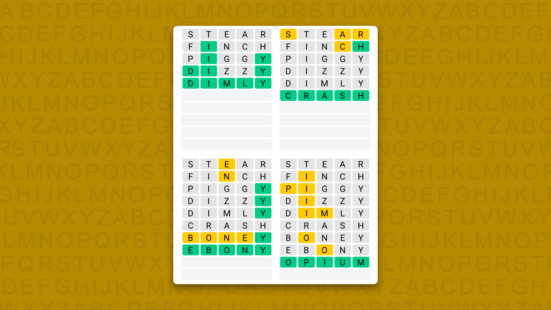 Quordle Daily Sequence answers for game 1715 on a yellow background