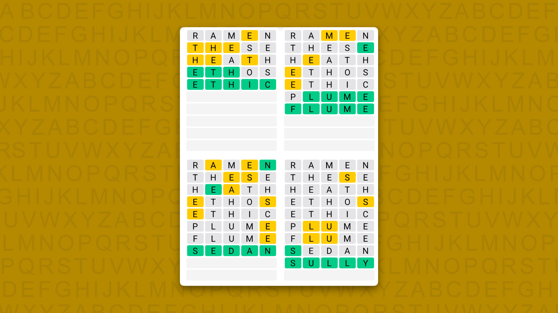 Quordle Daily Sequence answers for game 1721 on a yellow background