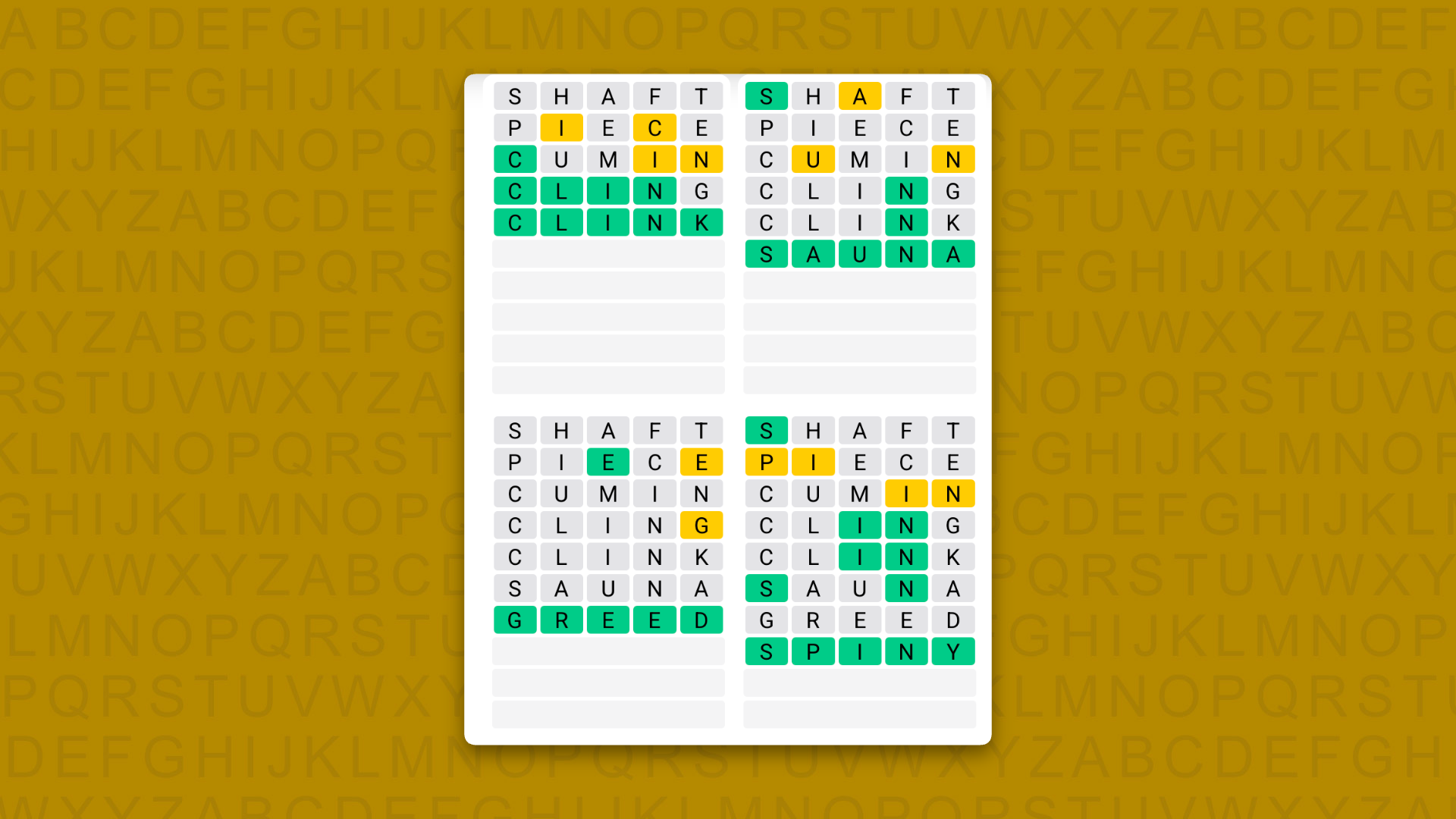 Quordle Daily Sequence answers for game 1725 on a yellow background