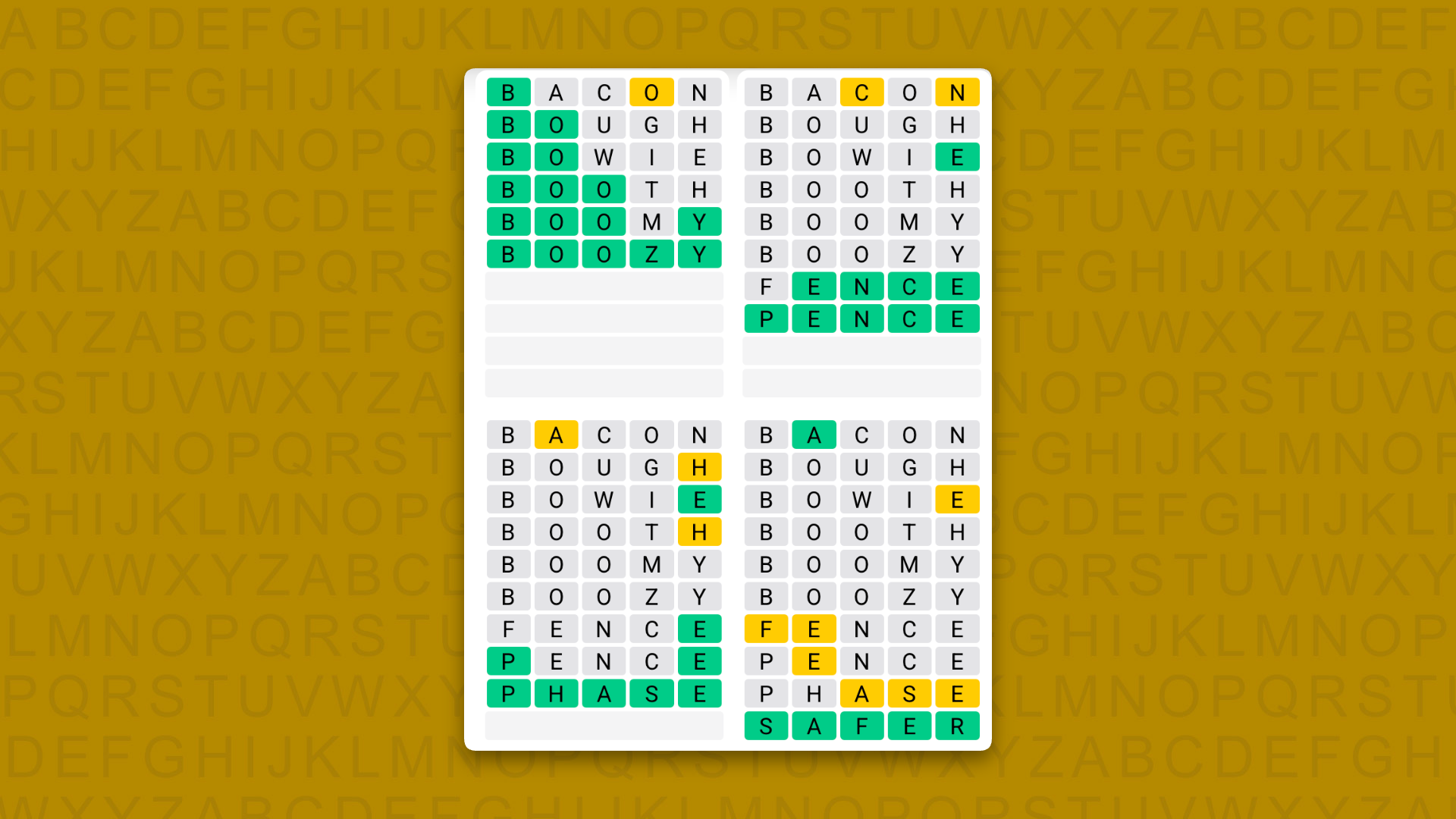 Quordle Daily Sequence answers for game 1724 on a yellow background